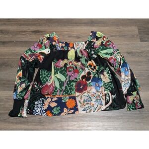 Anthropologie Lil Sire Puff-Sleeved Smocked Floral Sheer Blouse Black Small